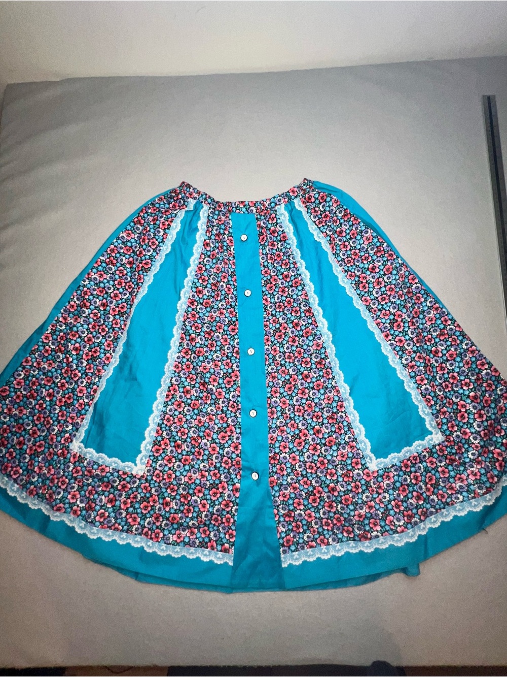 Vintage Handmade Blue Floral Patchwork Lace Trim Button Midi Skirt One Size